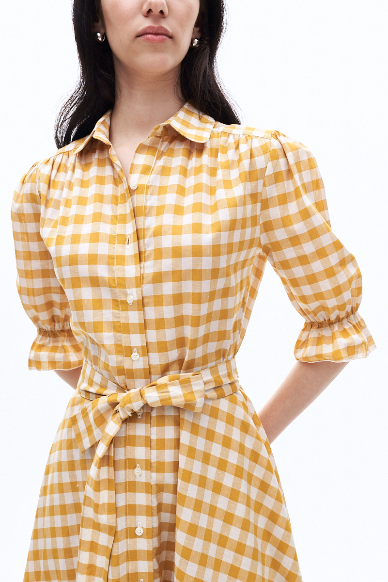 TRUE NYC Платье-рубашка с отрезной линией талии изо льна с хлопком с рисунком в клетку vichy оттенка дижонской горчицы