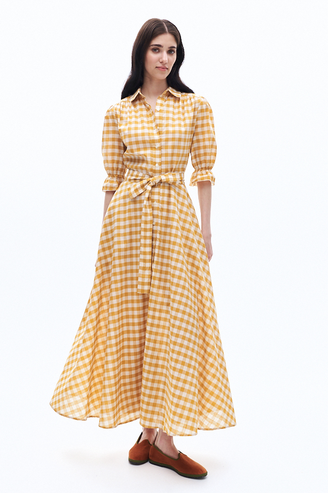 TRUE NYC Платье-рубашка с отрезной линией талии изо льна с хлопком с рисунком в клетку vichy оттенка дижонской горчицы