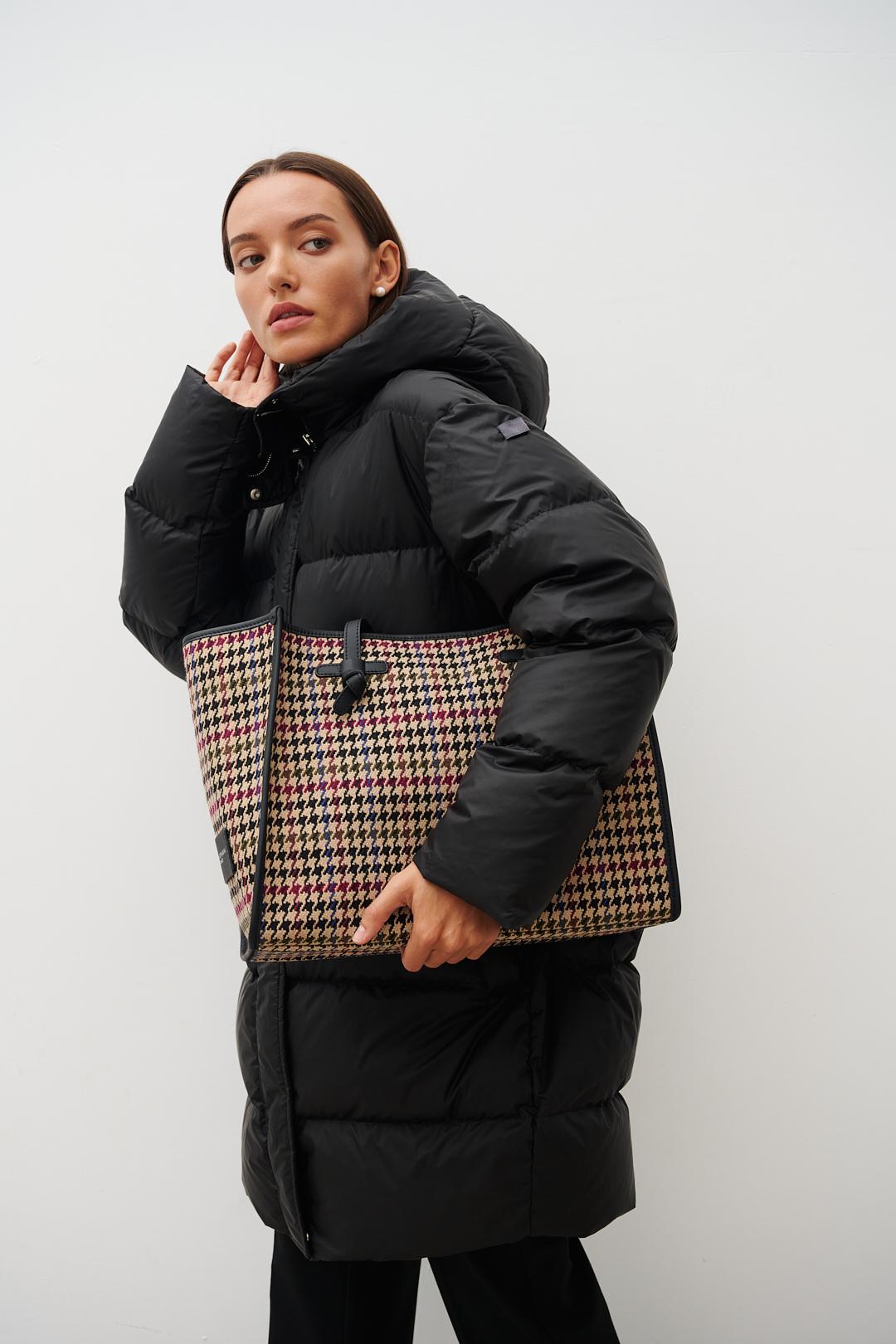 GIANNI CHIARINI Сумка-тоут «Marcella» из фактурной твидовой шерсти с рисунком в гусиную лапку винный + олива