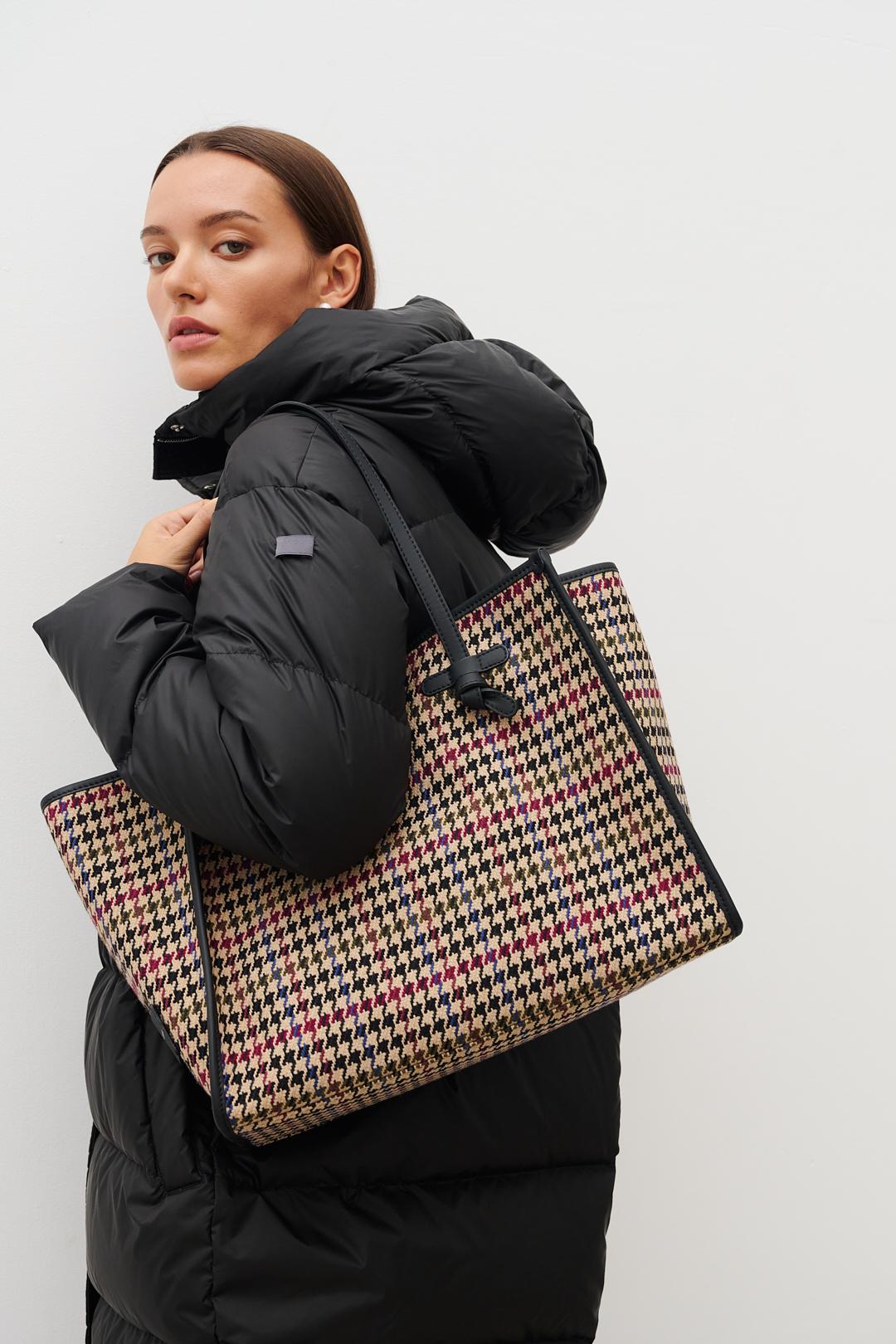 GIANNI CHIARINI Сумка-тоут «Marcella» из фактурной твидовой шерсти с рисунком в гусиную лапку винный + олива