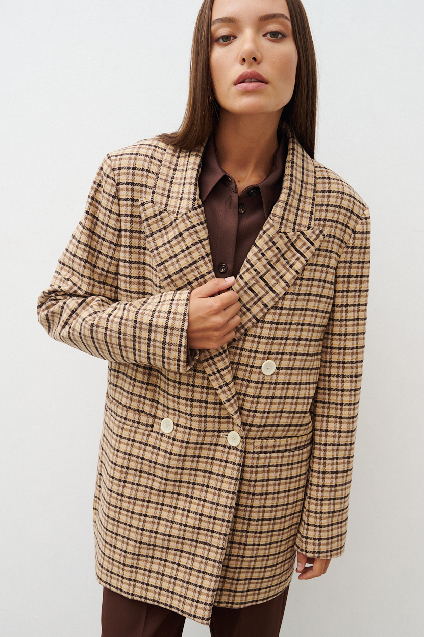 MOMONI Жакет двубортный удлиненного силуэта из мягкой шерсти и хлопка с рисунком в английскую клетку