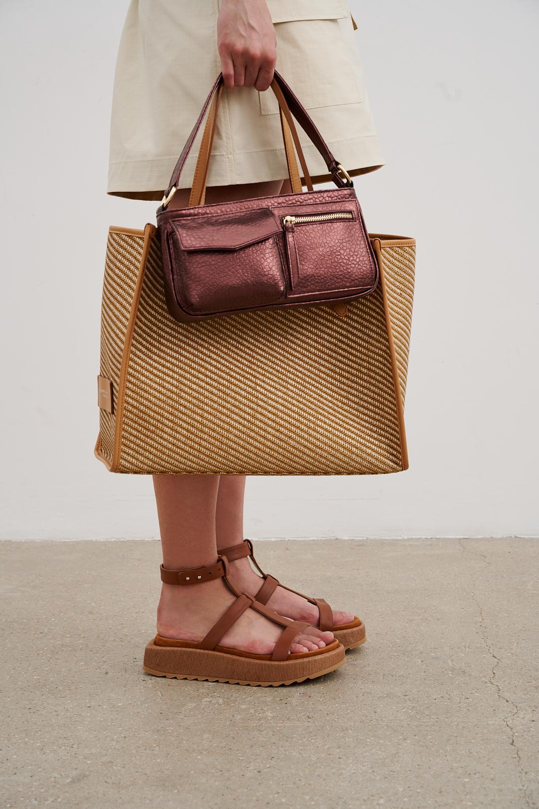 GIANNI CHIARINI Cумка-тоут Marcella диагоналевого плетения из рафии и хлопка песочного оттенка