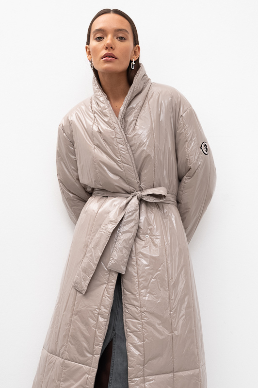 OTTOD'AME Пуховик длины миди с шалевым воротником из глянцевого нейлона серо-жемчужного оттенка