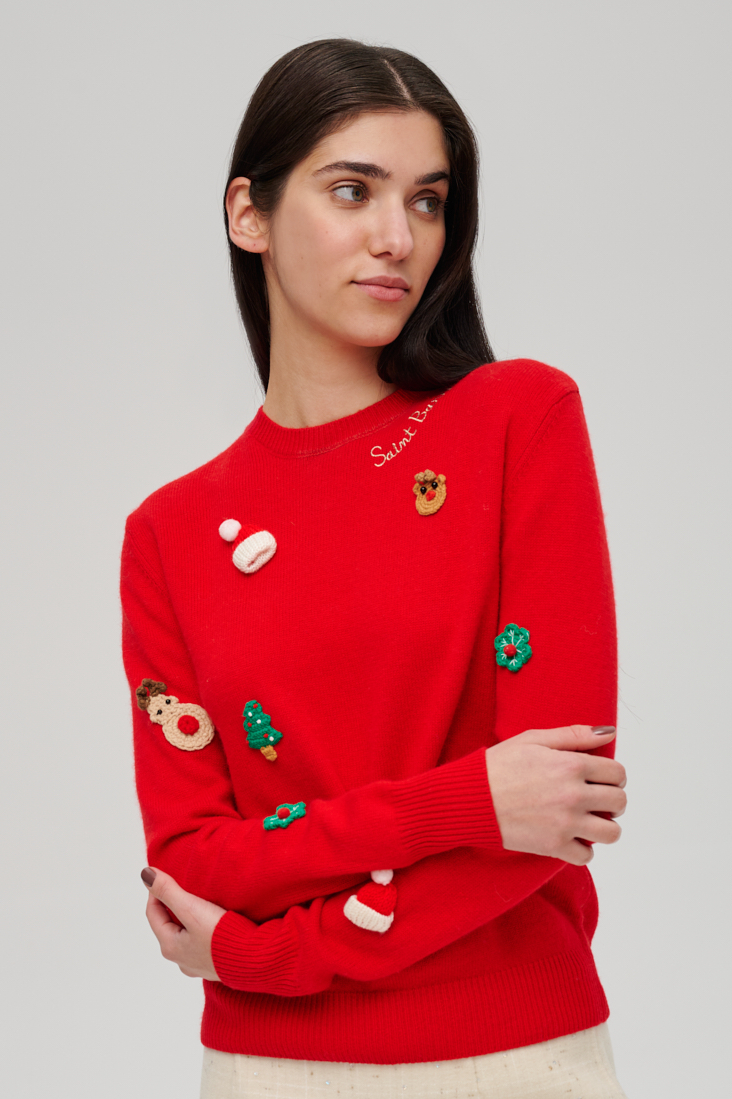 MC2 Saint Barth Пуловер из премиальной шерсти с объемными вязаными аппликациями ‘Merry X-mass’