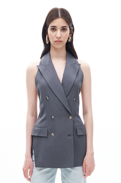 TELA Жилет двубортный с американской проймой из хлопка канвас в оттенке графит