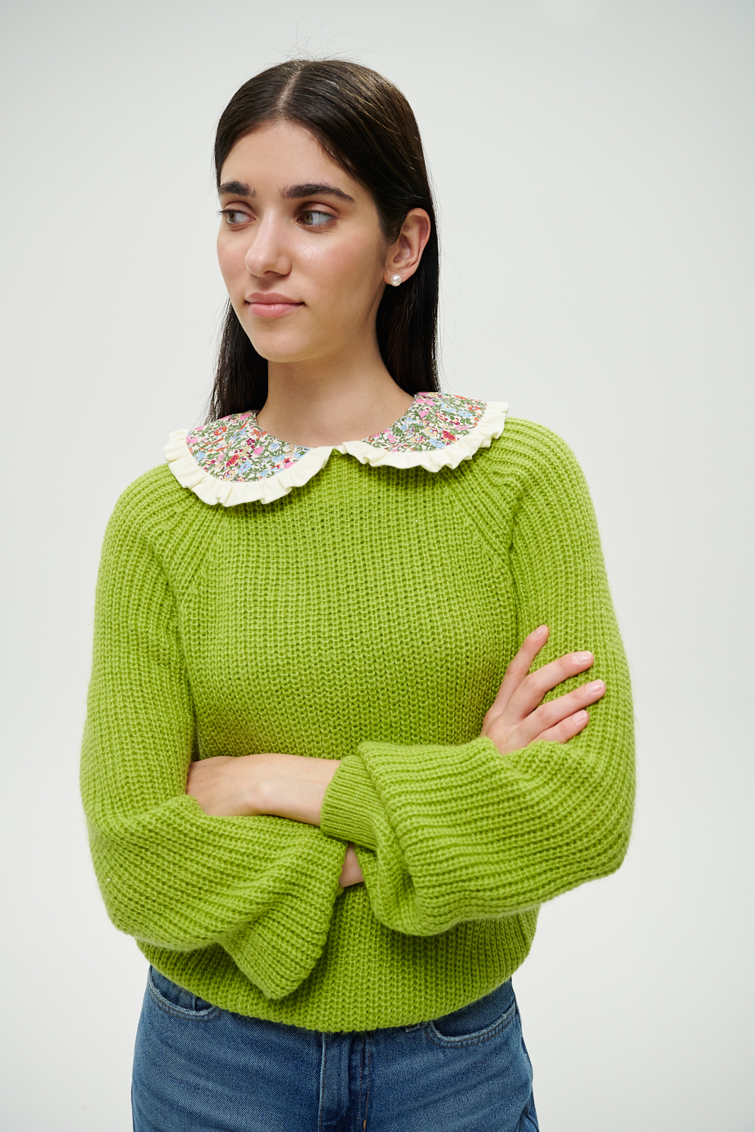 MC2 SAINT BARTH Свитер из мохера оттенка лайма с воротничком из микровельвета