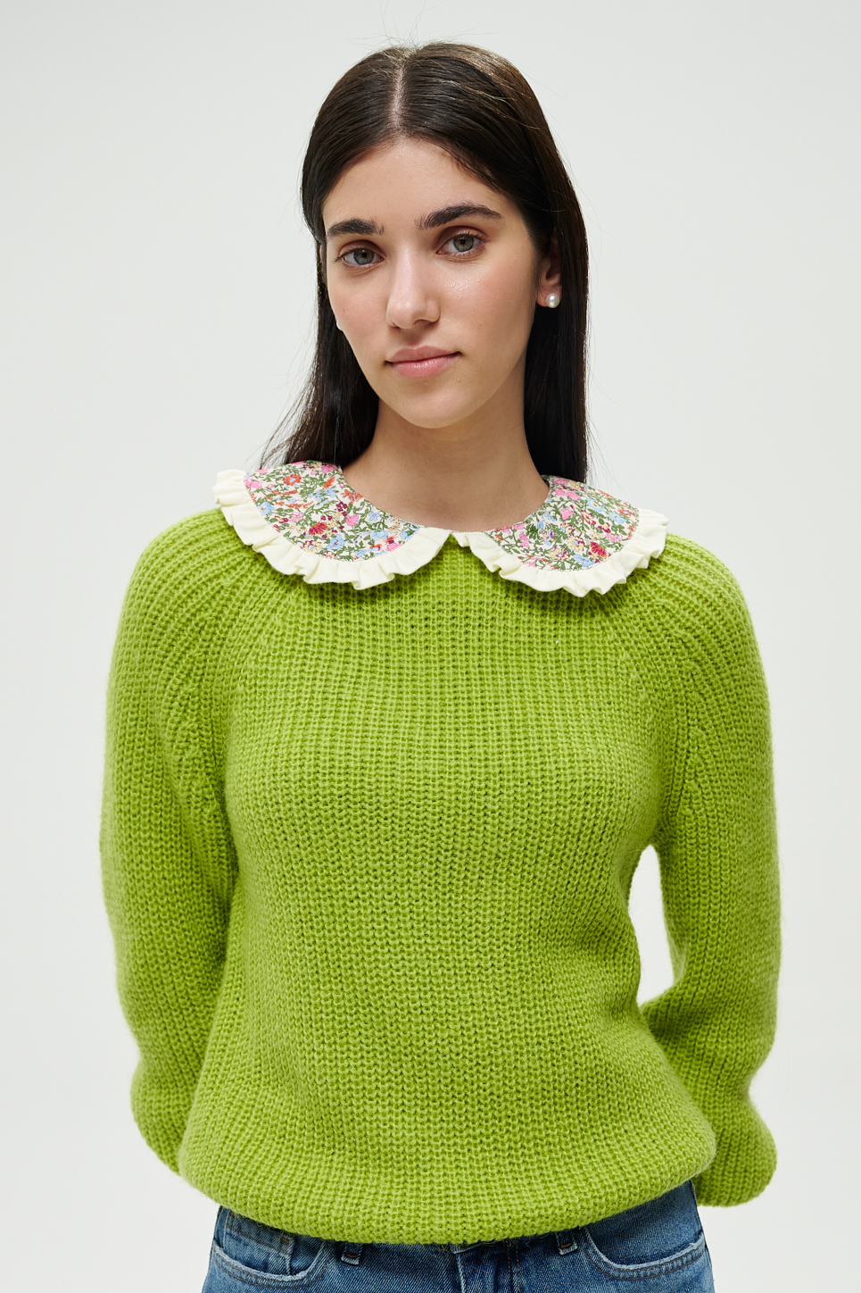 MC2 SAINT BARTH Свитер из мохера оттенка лайма с воротничком из микровельвета