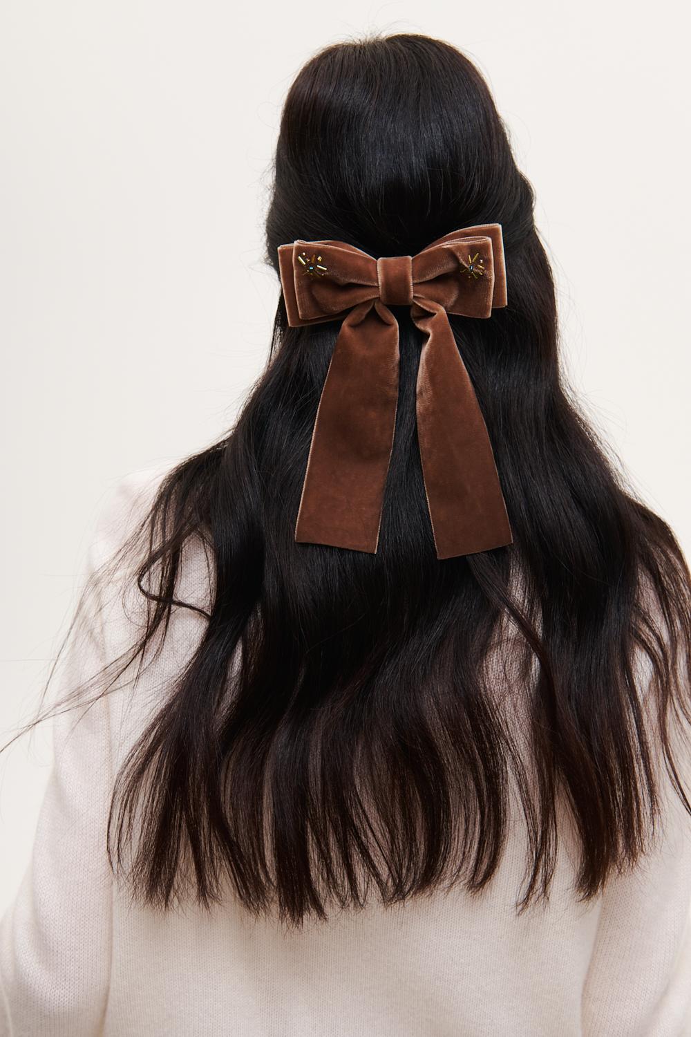 JF STORE x LADY BOW Заколка-бант из французского бархата с вышивкой, какао