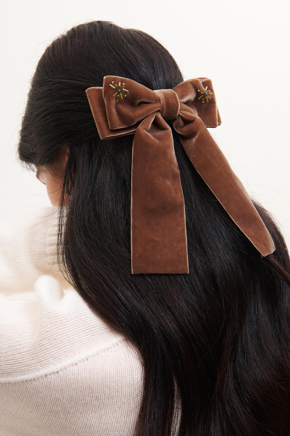 JF STORE x LADY BOW Заколка-бант из французского бархата с вышивкой, какао