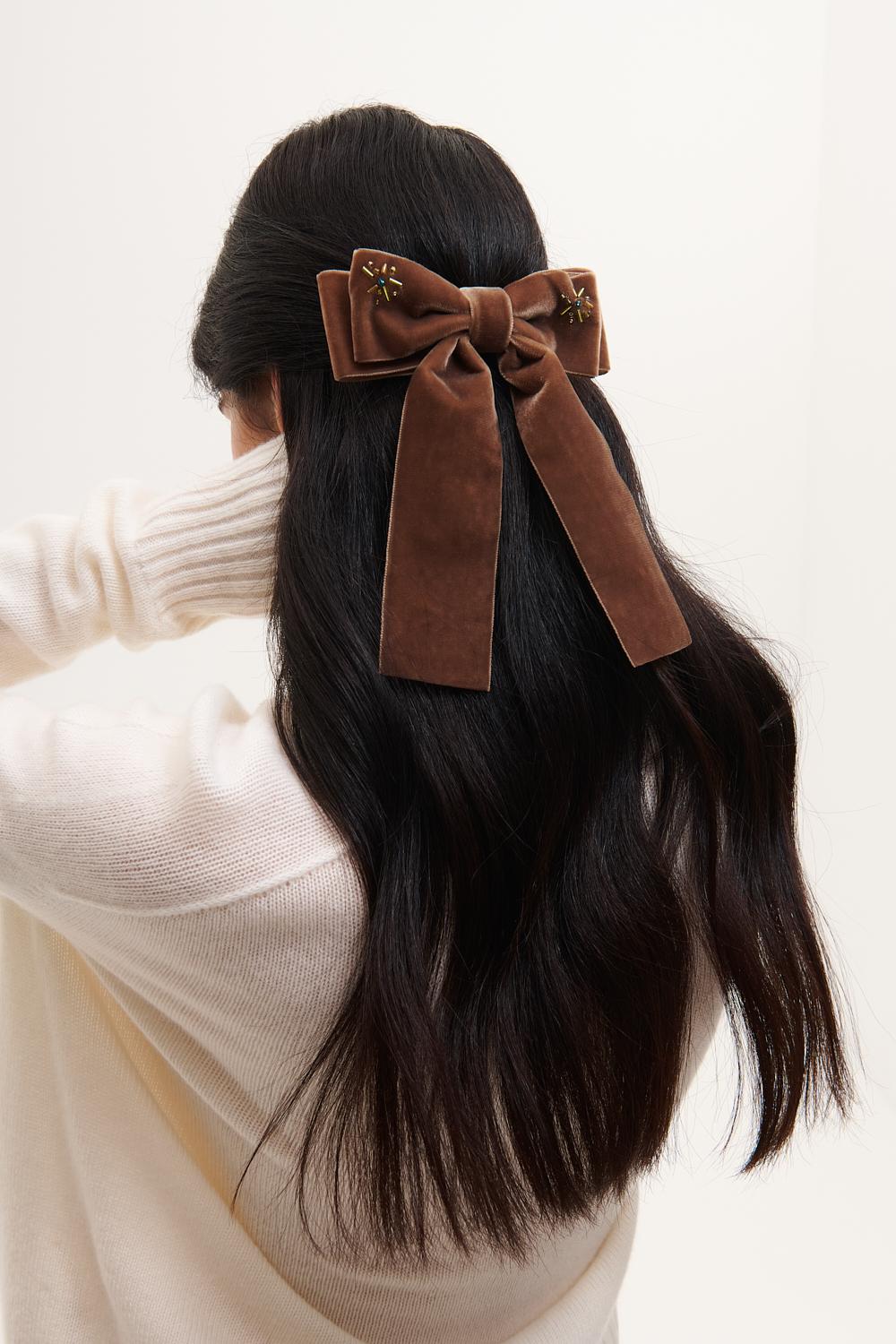 JF STORE x LADY BOW Заколка-бант из французского бархата с вышивкой, какао