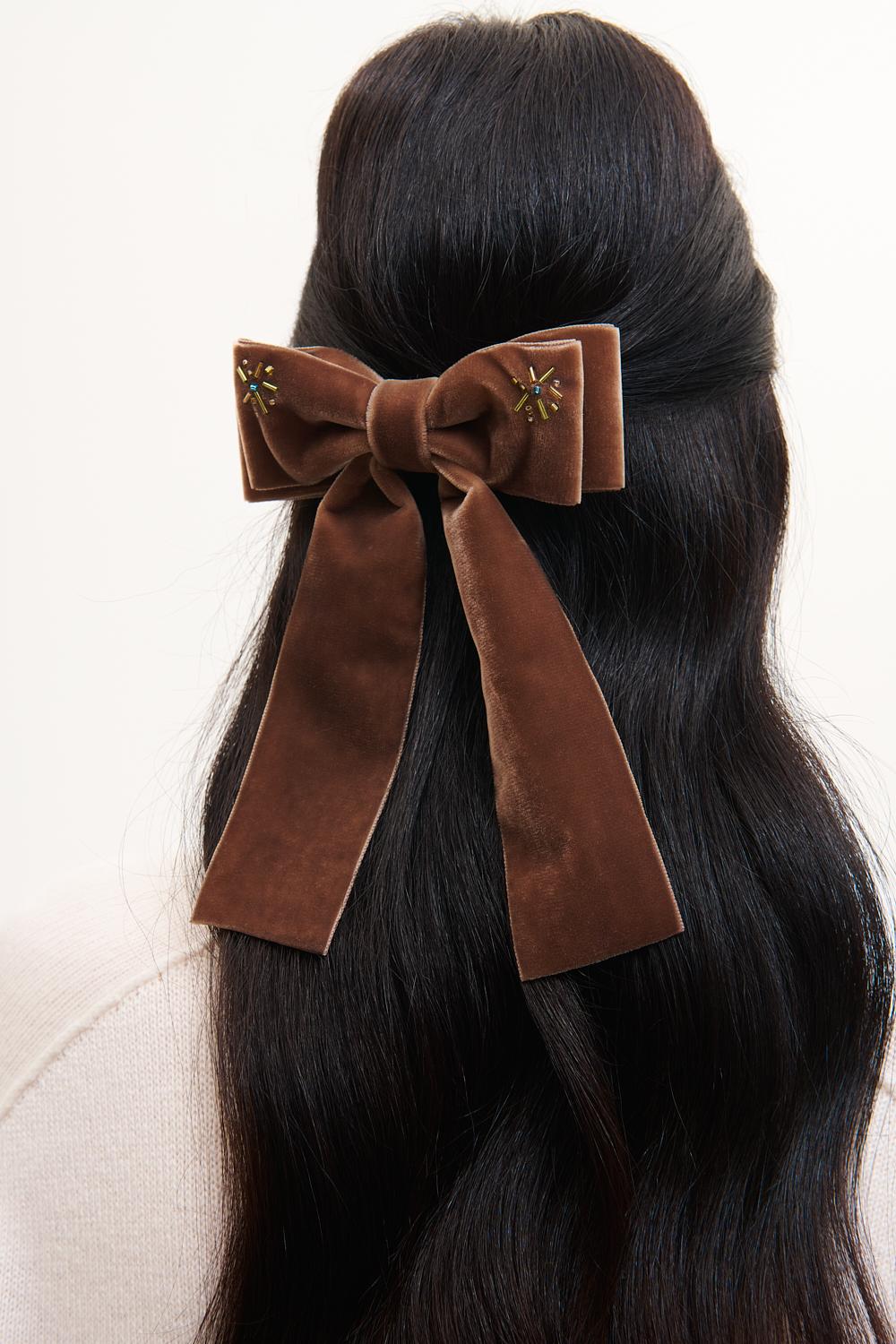 JF STORE x LADY BOW Заколка-бант из французского бархата с вышивкой, какао