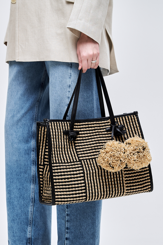 GIANNI CHIARINI Сумка-тоут MARCELLA BALI из рафии жаккардового хлопка с помпонами