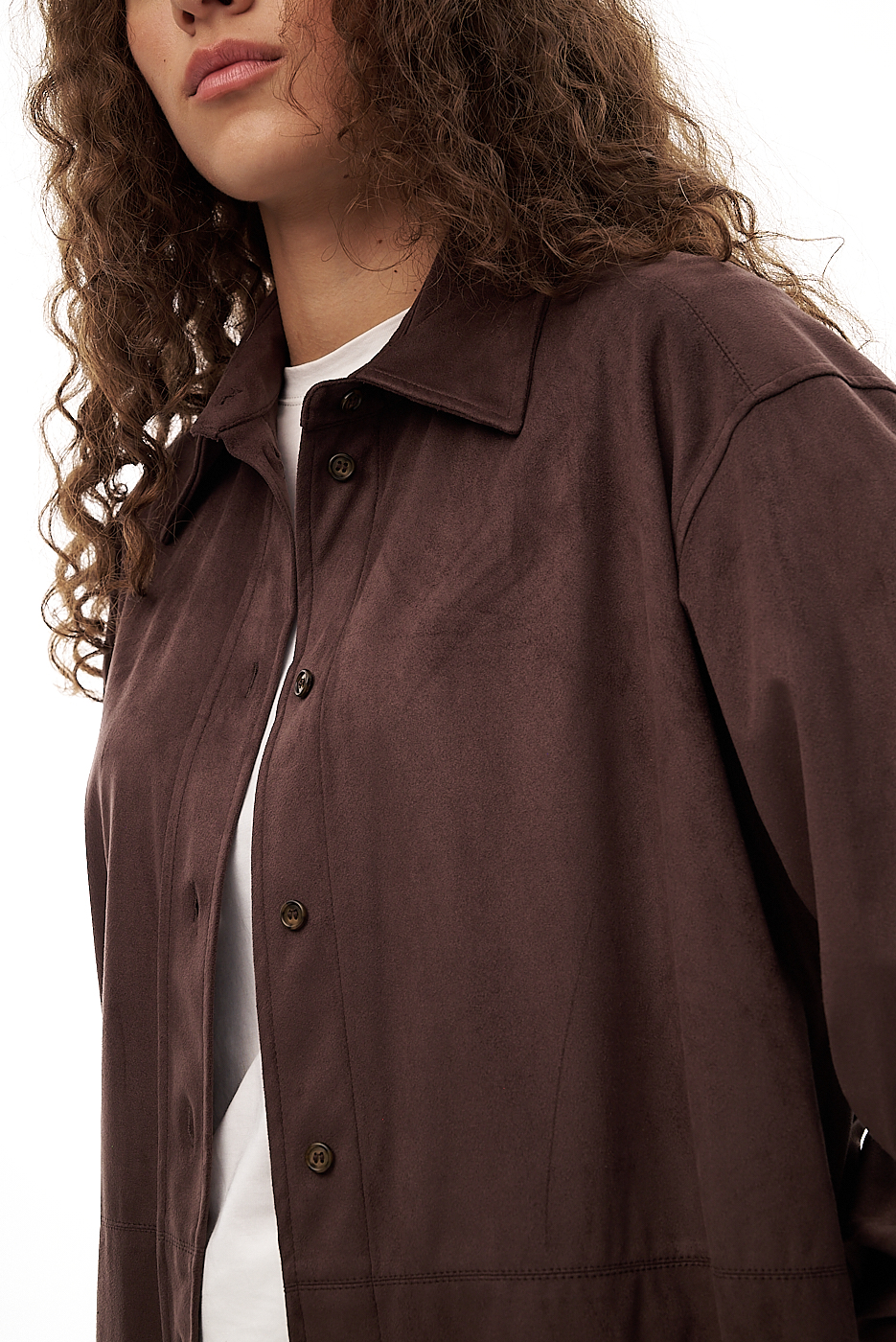 OTTOD'AME  Рубашка свободного кроя из эко-замши оттенка горького шоколада