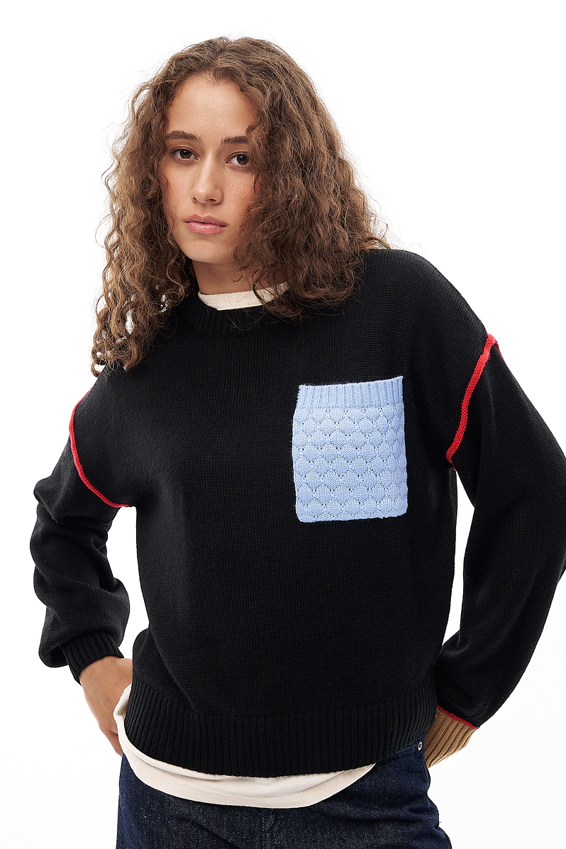 OTTOD'AME  Пуловер свободного кроя с накладным карманом ажурной вязки