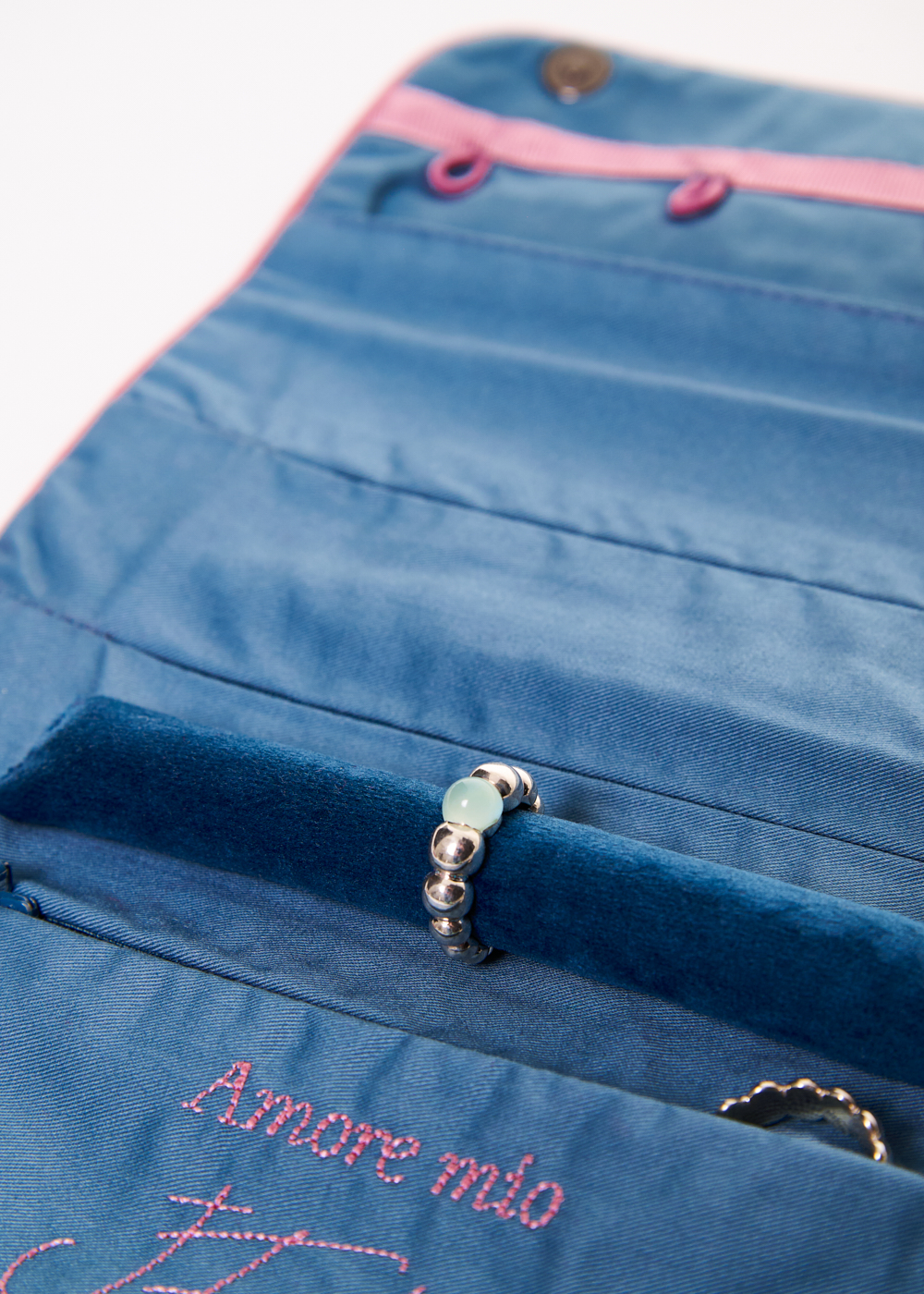 JF STORE Travel-чехол для украшений из бархата оттенка индиго с фирменной вышивкой