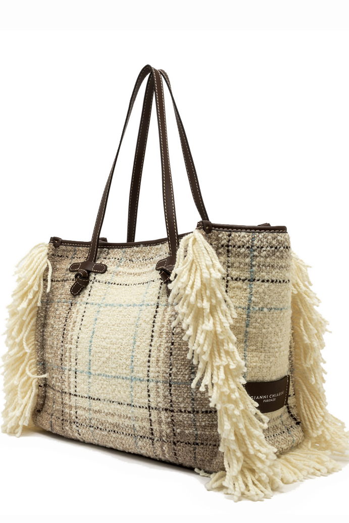 GIANNI CHIARINI  Сумка-тоут MARCELLA  hug из шерсти букле с рисунком в клетку и бахромой