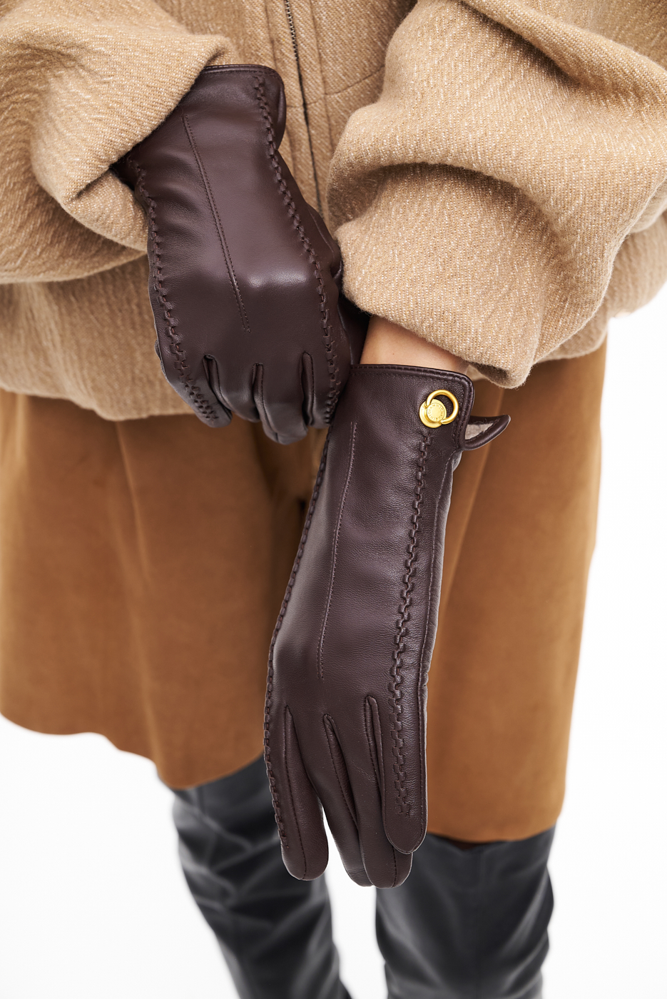 GIANNI CHIARINI  Перчатки из премиальной кожи наппа оттенка эспрессо с декором из плетеной кожи на подкладке из кашемира