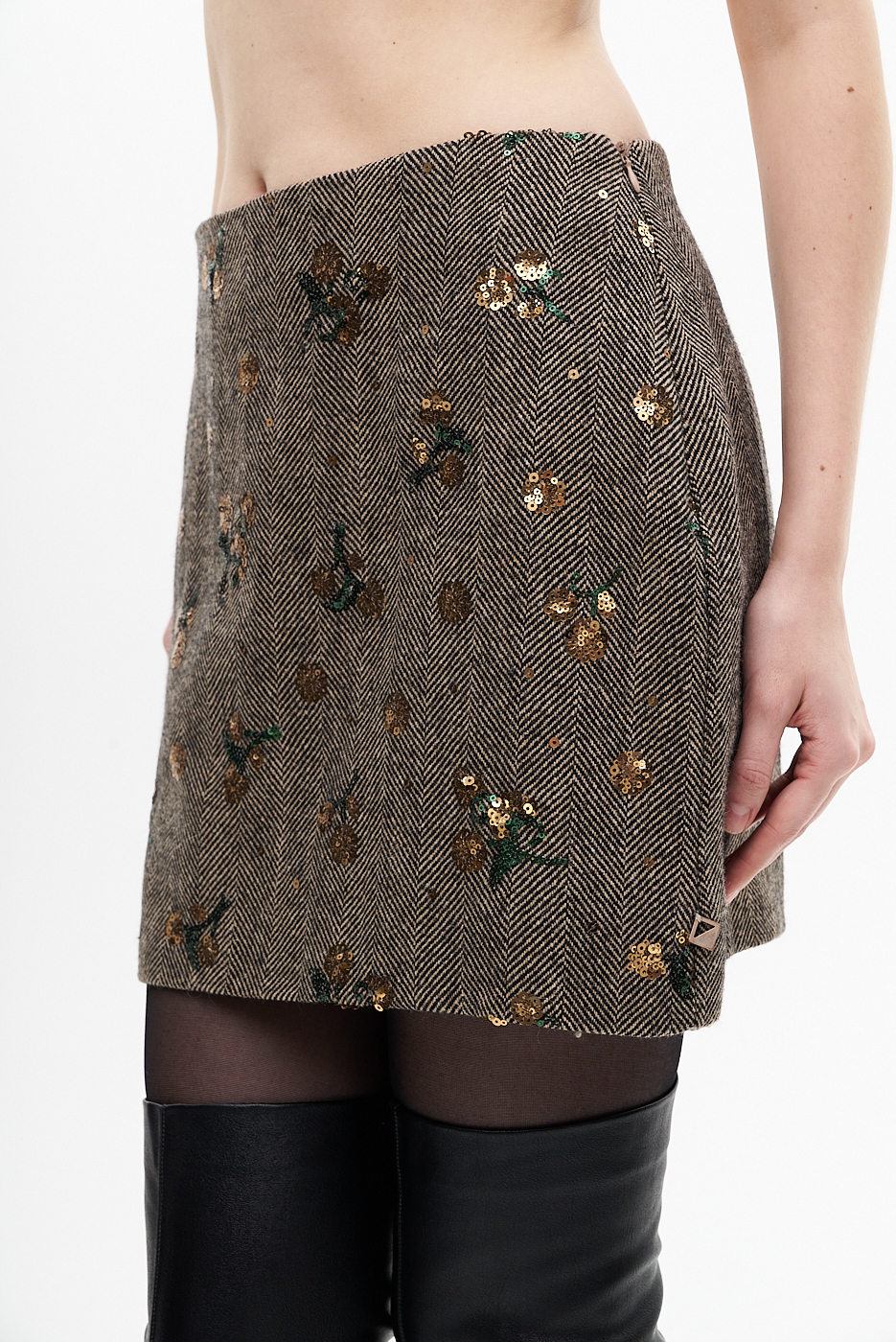 MEME ROAD Юбка-мини из пальтовой шерсти с декоративной вышивкой пайетками