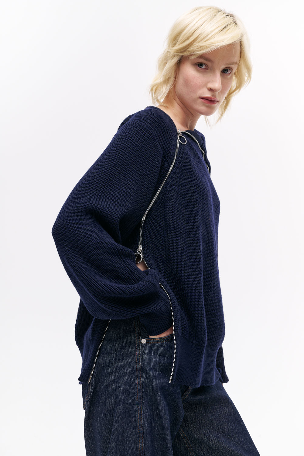 ROSEANNA Свитер ZIP из шерсти тонкого кручения с рисунком а английскую полоску с асимметричной застежкой на молнии