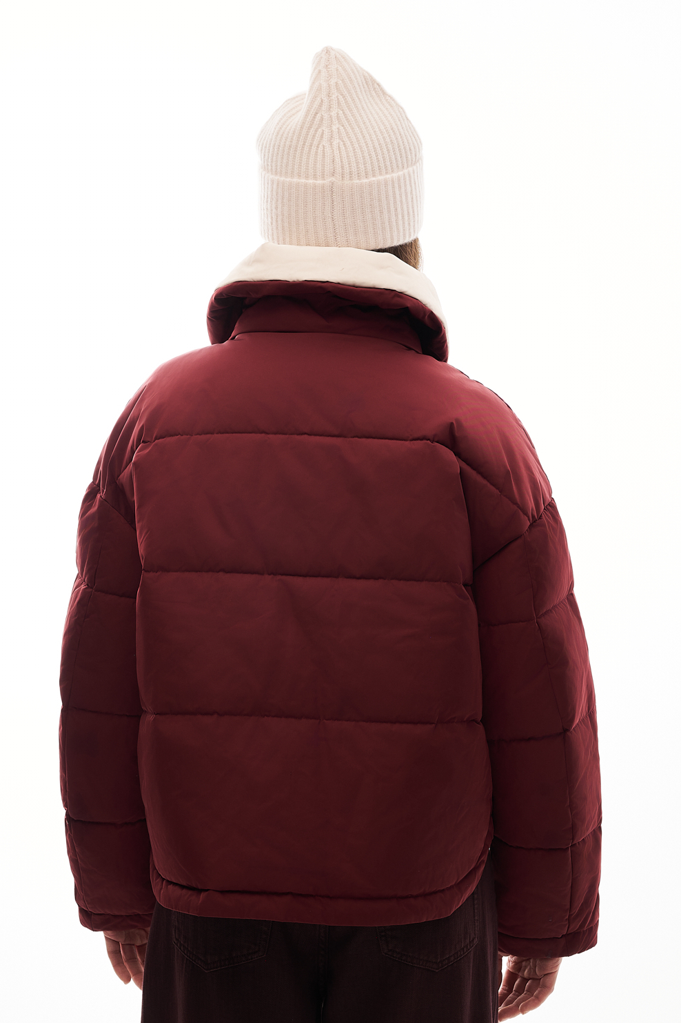 OOF WEAR Пуховик средней длины из технологичного нейлона оттенка бордо с большим отложным воротником