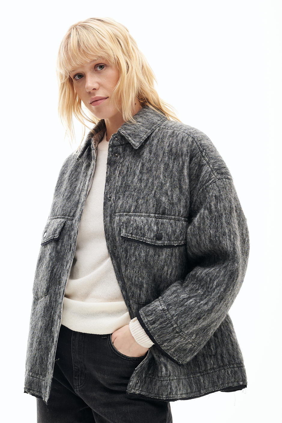 OOF WEAR Пальтовый бомбер рубашечного кроя из мохера в серо-меланжевой гамме на утепленной подстежке