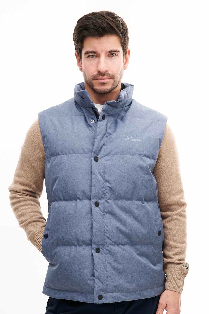 MC2 SAINT BARTH  Жилет с прямой стежкой и воротником стойкой из технологичного нейлона фактуры под кашемир оттенка деним