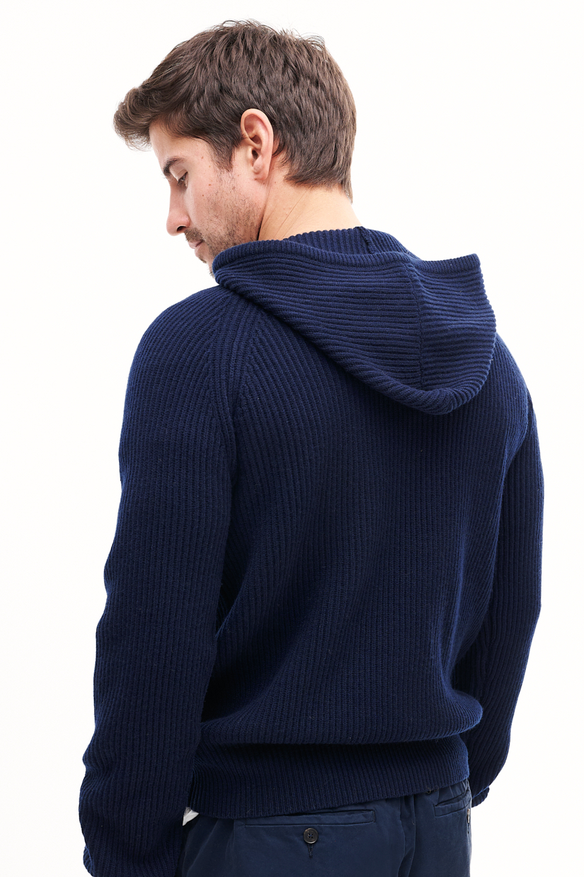 MC2 SAINT BARTH Свитер с капюшоном с рисунком в английскую резинку из премиальной шерсти оттенка navy blue