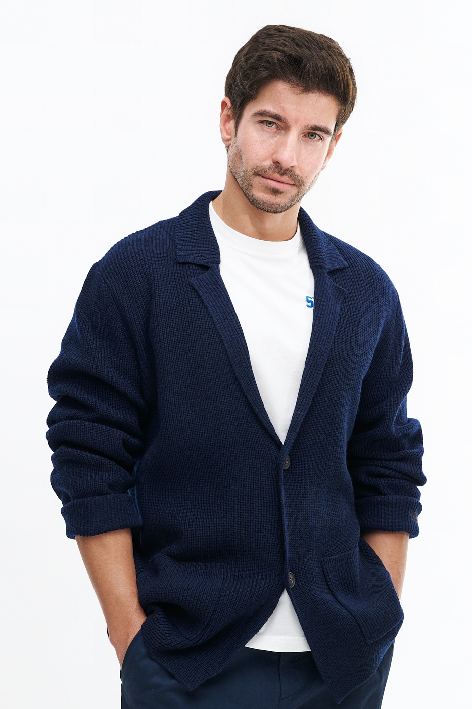 MC2 SAINT BARTH Блейзер крупной вязки из премиальной шерсти оттенка navy blue