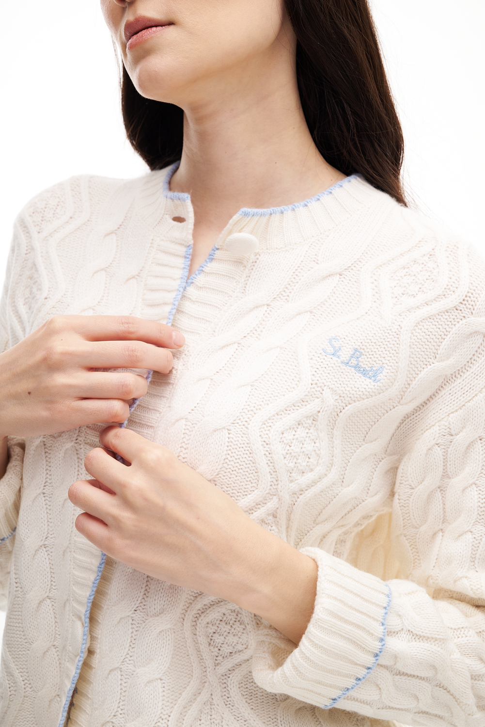 MC2 SAINT BARTH  Кардиган из бленда кашемира и шерсти молочного оттенка с узорами и контрастной отделкой