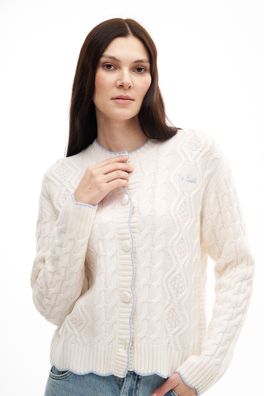 MC2 SAINT BARTH  Кардиган из бленда кашемира и шерсти молочного оттенка с узорами и контрастной отделкой