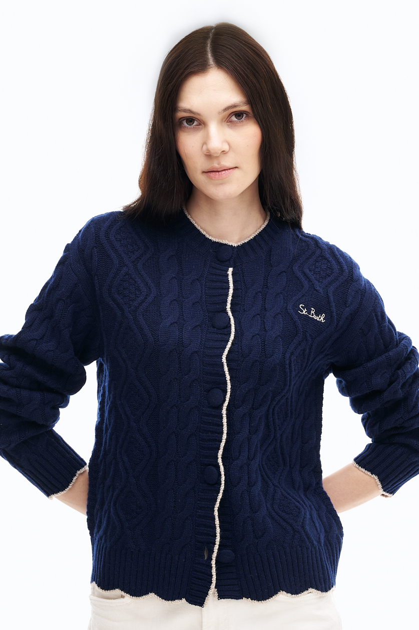 MC2 SAINT BARTH  Кардиган из бленда кашемира и шерсти оттенка navy blue с узорами и контрастной отделкой