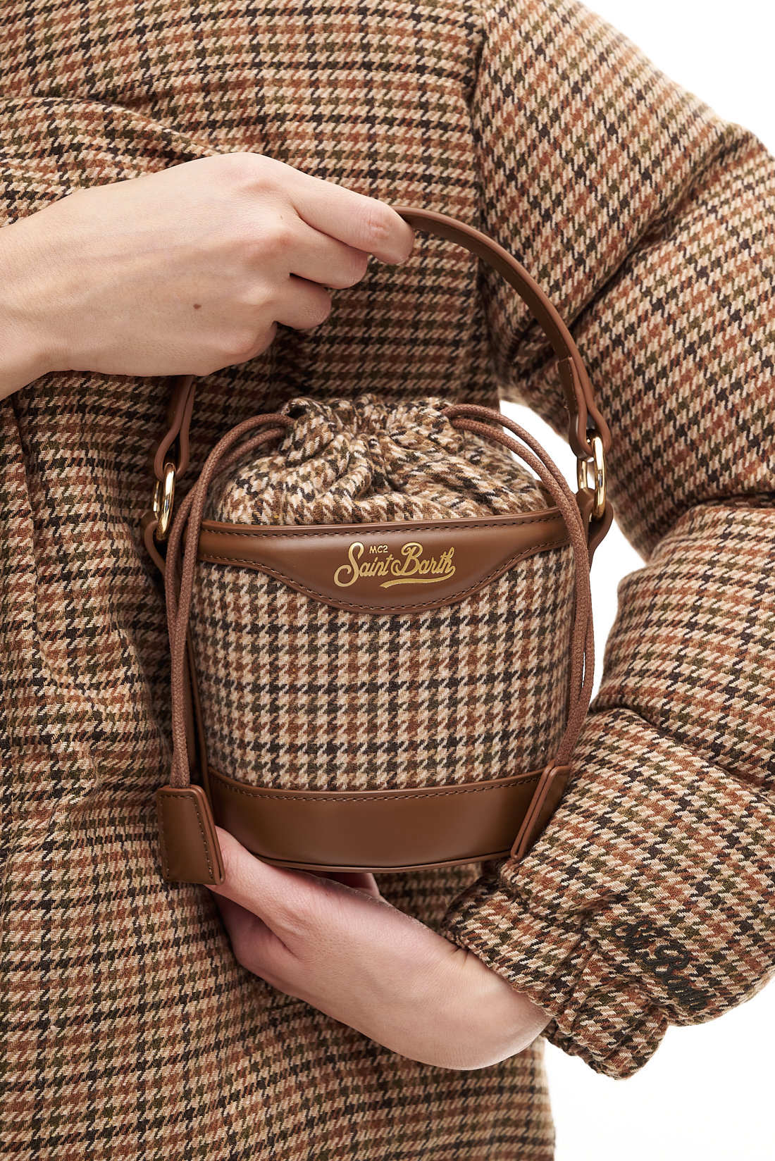 MC2 SAINT BARTH  Сумка-ведерко из кожи и твидовой шерсти с принтом «pied-de poule»