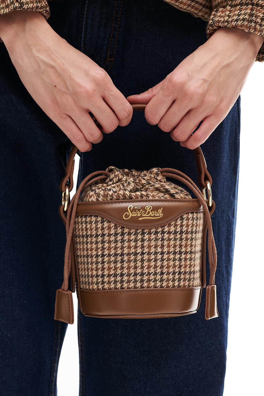MC2 SAINT BARTH  Сумка-ведерко из кожи и твидовой шерсти с принтом «pied-de poule»