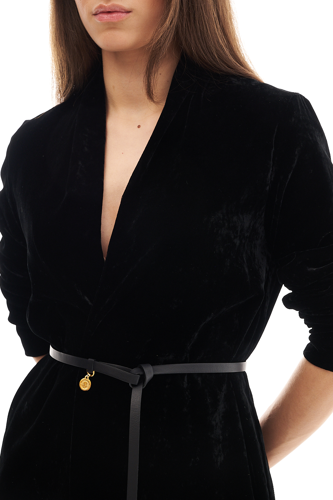 OTTOD'AME  Жакет с шалевым воротником и ремнем из шелковистого панбархата черного цвета