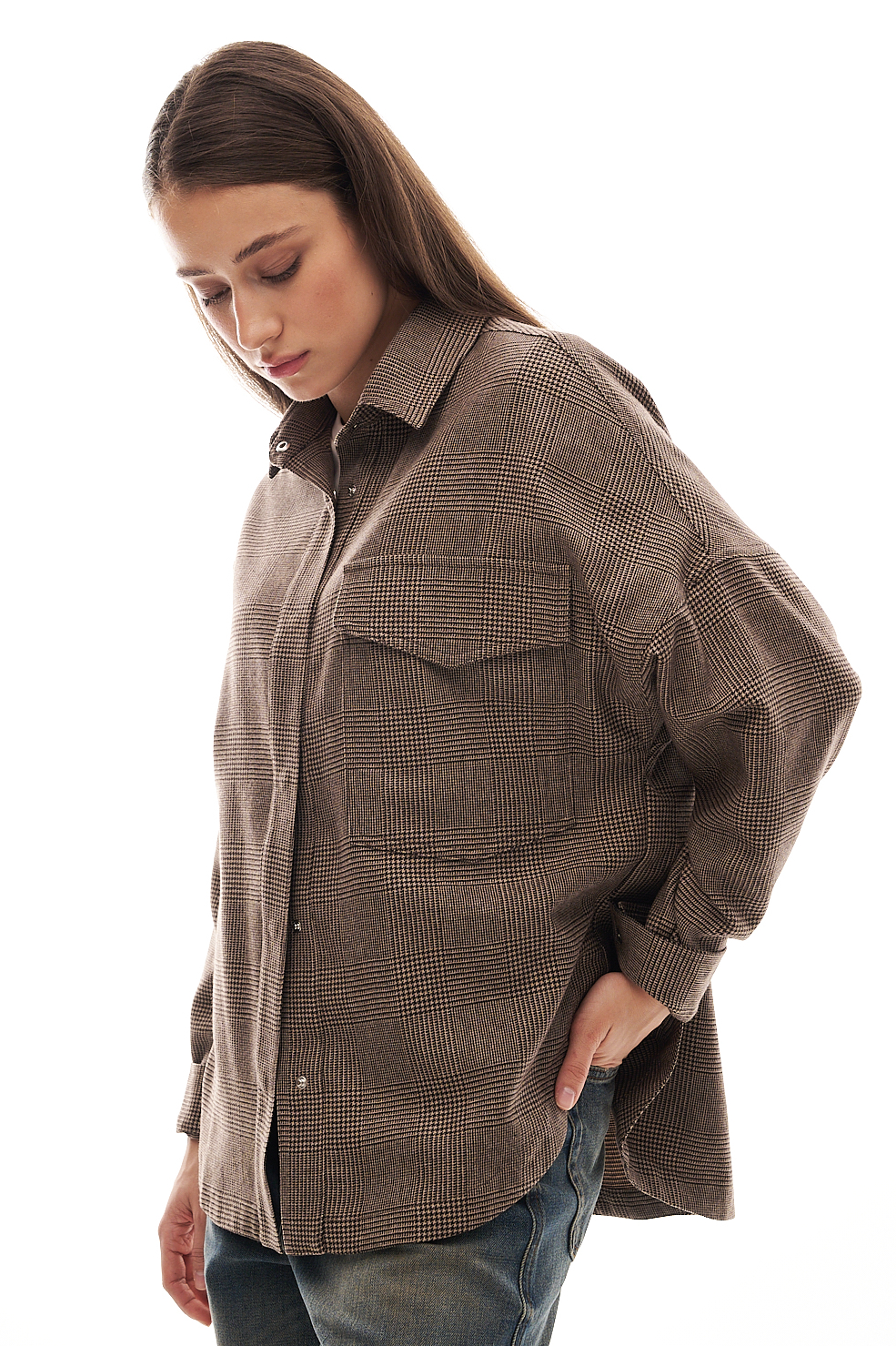 nine:inthe:morning Рубашка с накладным карманом ROSA из бленда кашемира и шелка с рисунком в английскую клетку