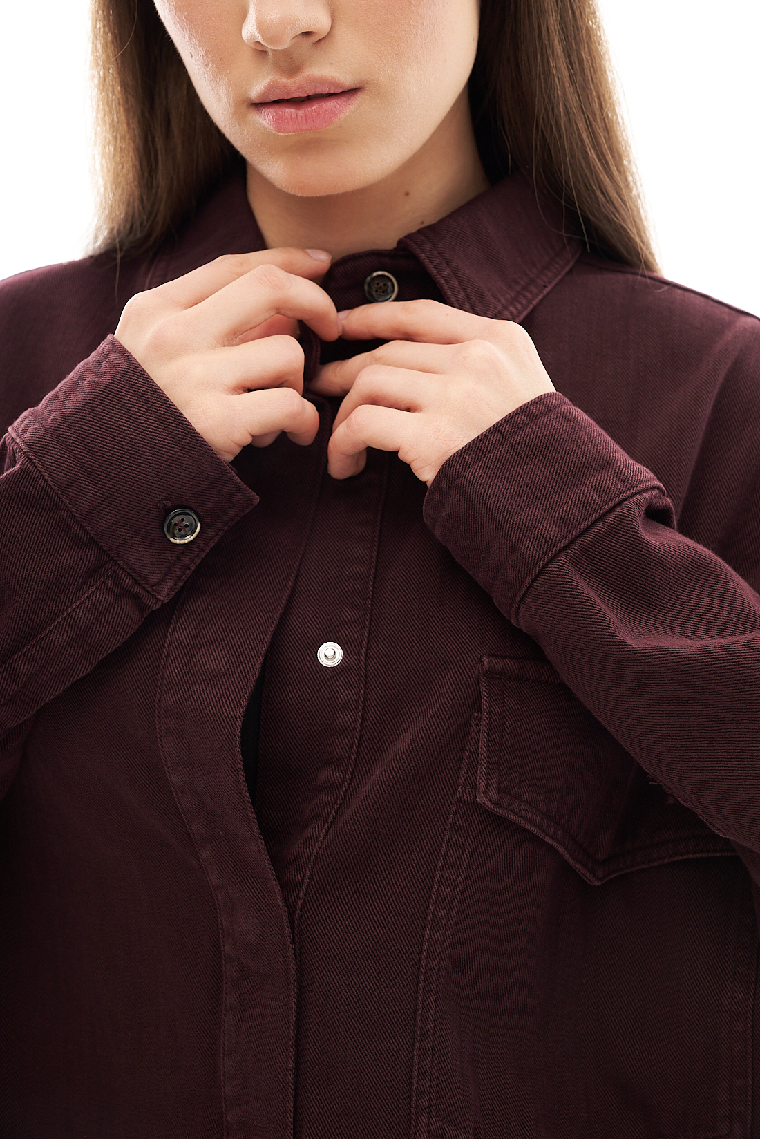 nine:inthe:morning Рубашка c накладным карманом ROSA из велюрового денима оттенка бордо