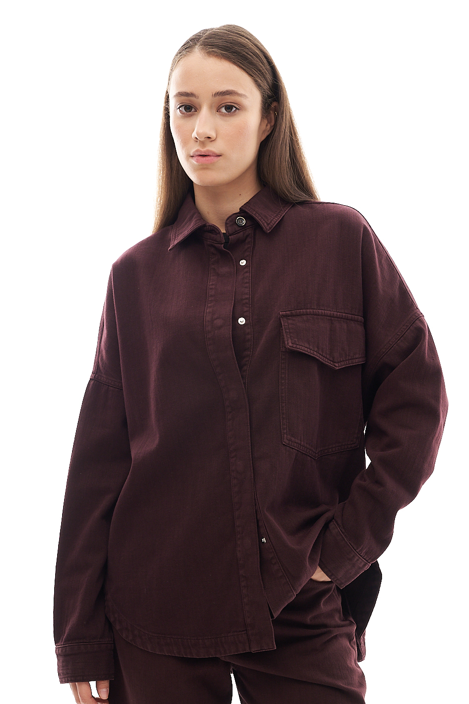 nine:inthe:morning Рубашка c накладным карманом ROSA из велюрового денима оттенка бордо