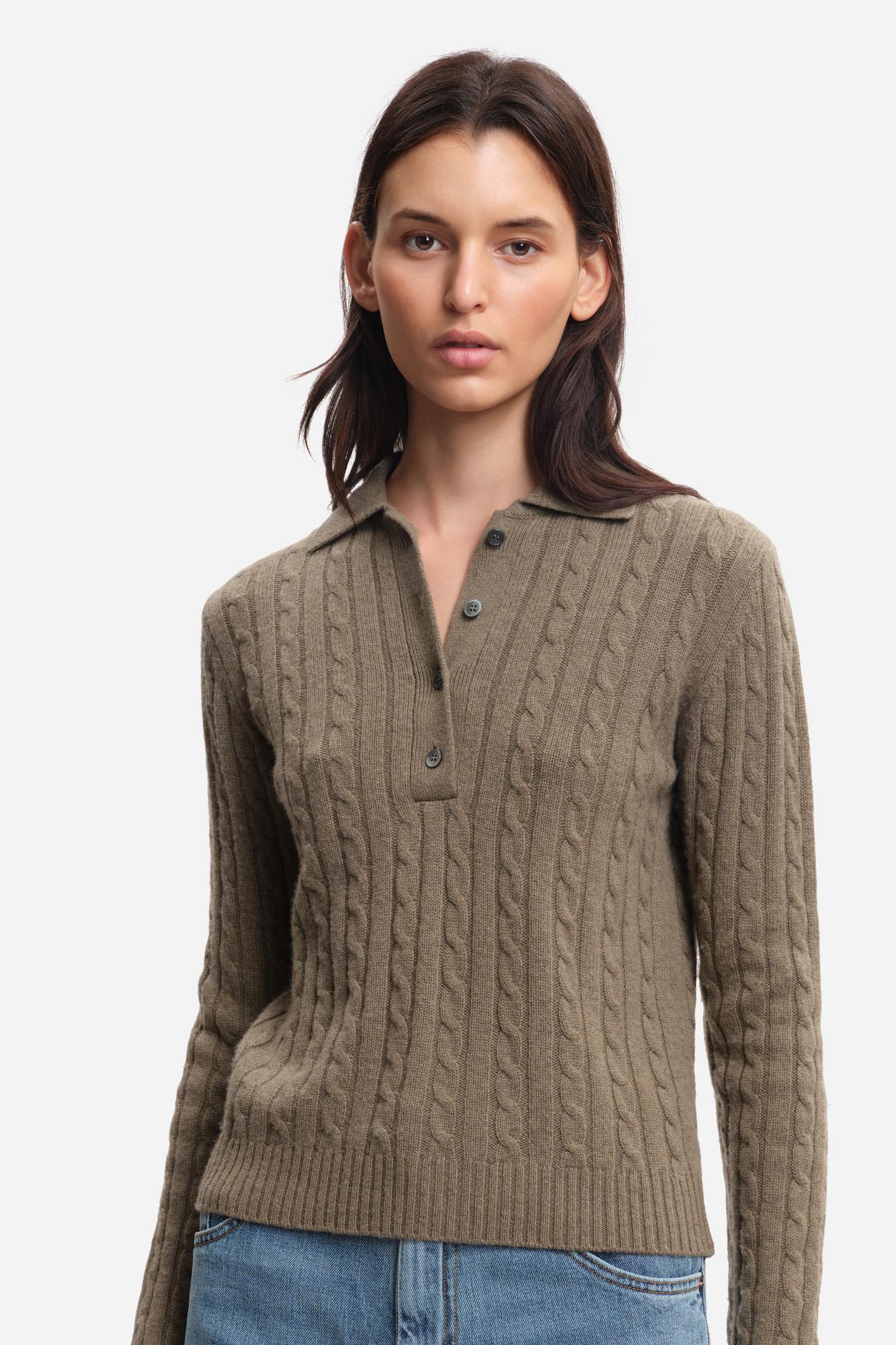 MARGAUX LONNBERG Поло из бленда кашемира и шерсти оттенка оливы с рисунком в косы