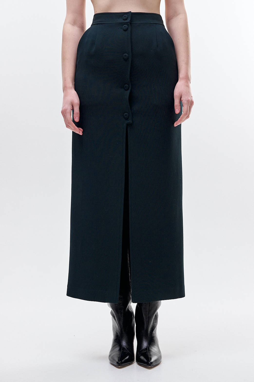 MARGAUX LONNBERG Юбка прямого кроя с застежкой на пуговицах и разрезом из костюмной шерсти оттенка изумруд
