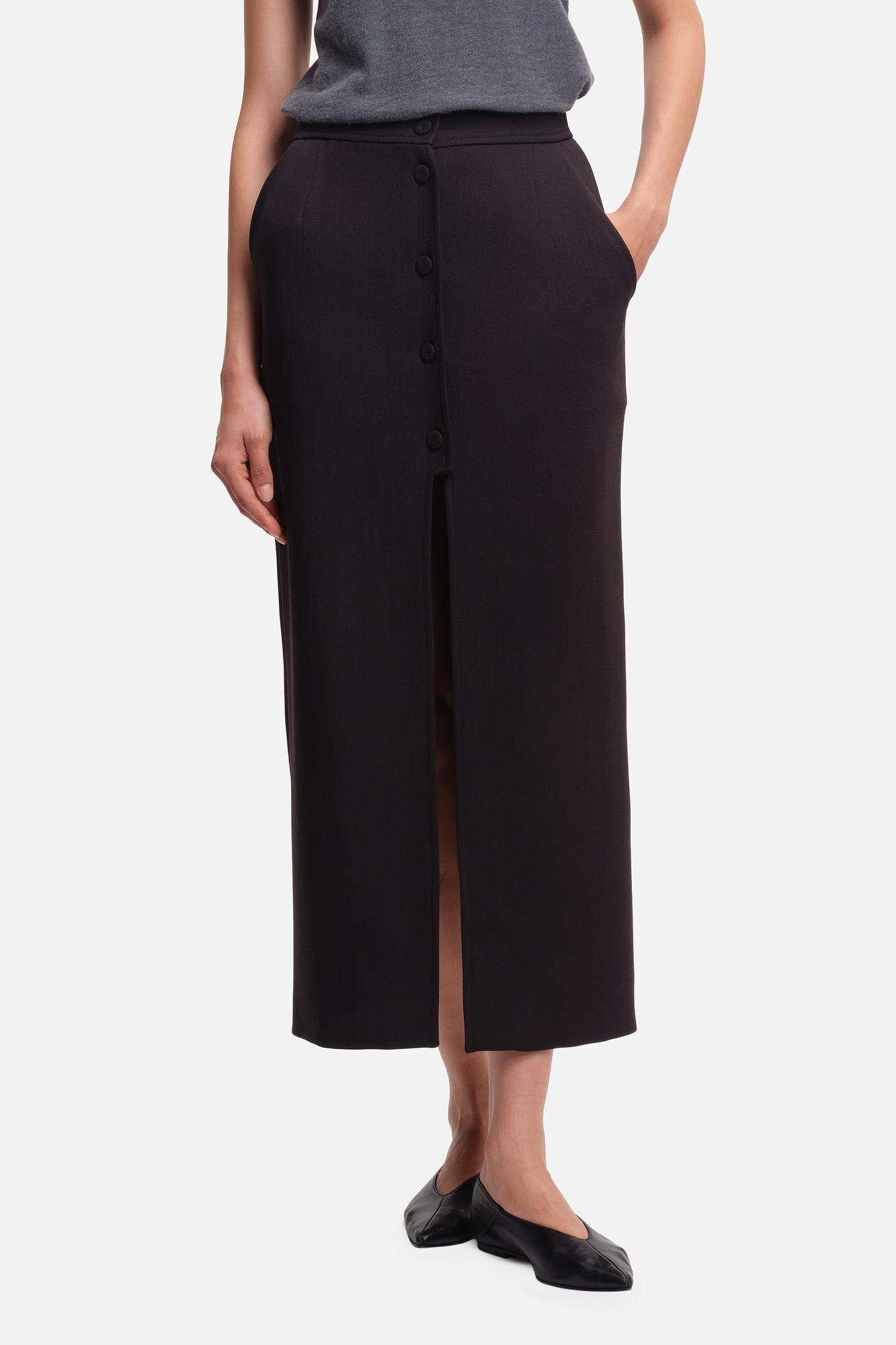 MARGAUX LONNBERG Юбка прямого кроя с застежкой на пуговицах и разрезом из костюмной шерсти оттенка изумруд