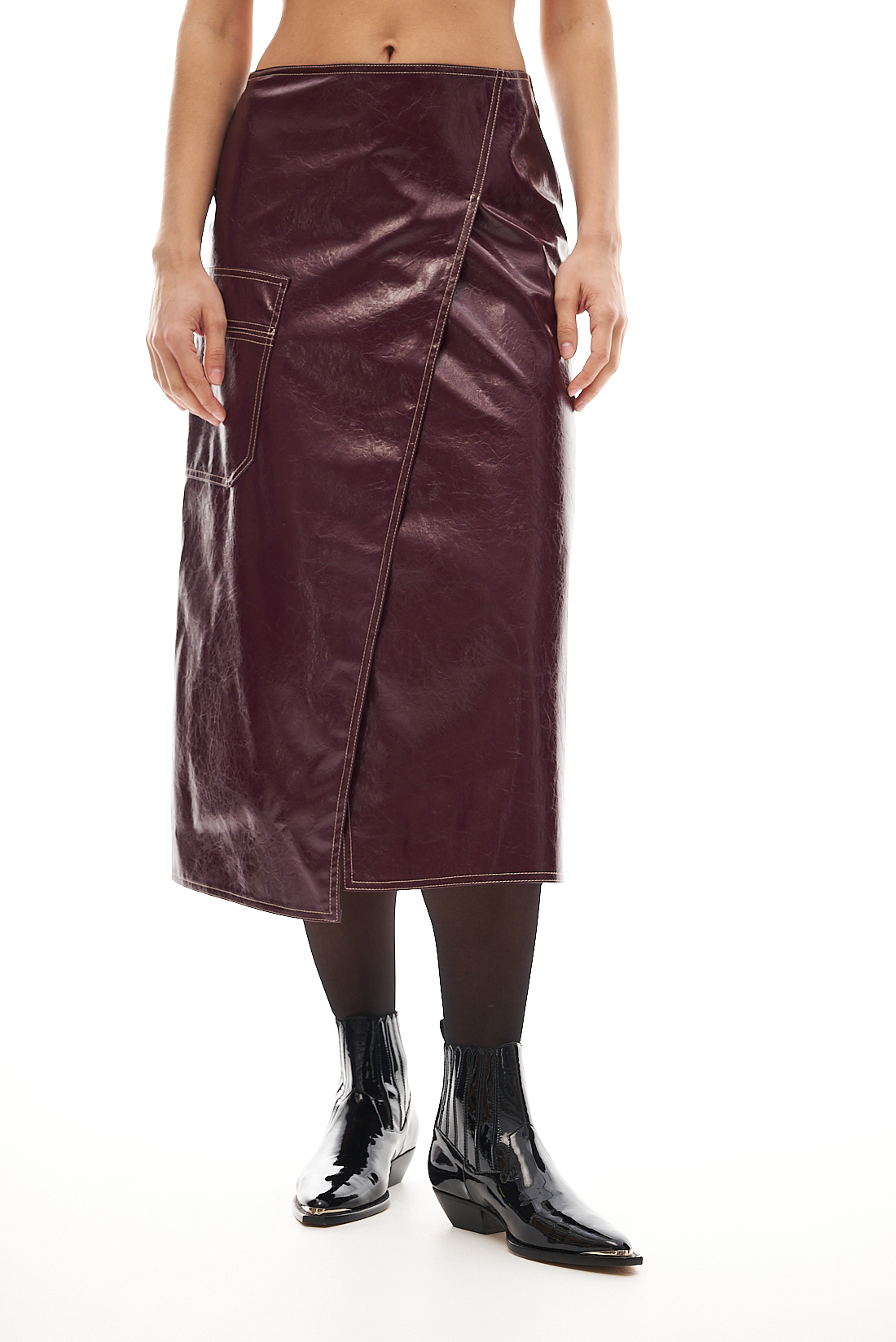 ROSEANNA Юбка MARTINE с ассиметричным нахлестом из эко-кожи винного оттенка