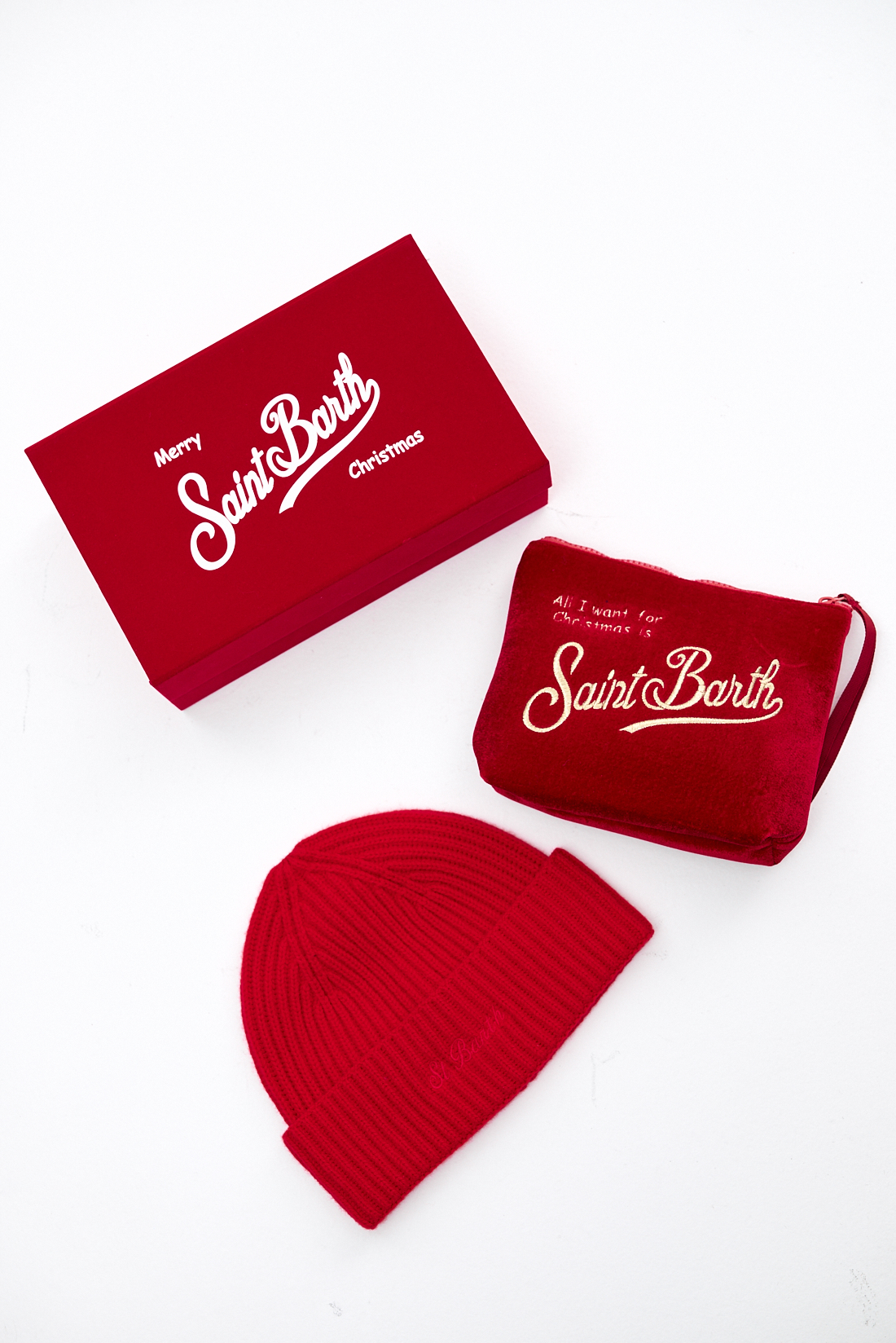 MC2 SAINT BARTH Подарочный набор: шапка-бинни оттенка rouge + косметичка из бархата Aline