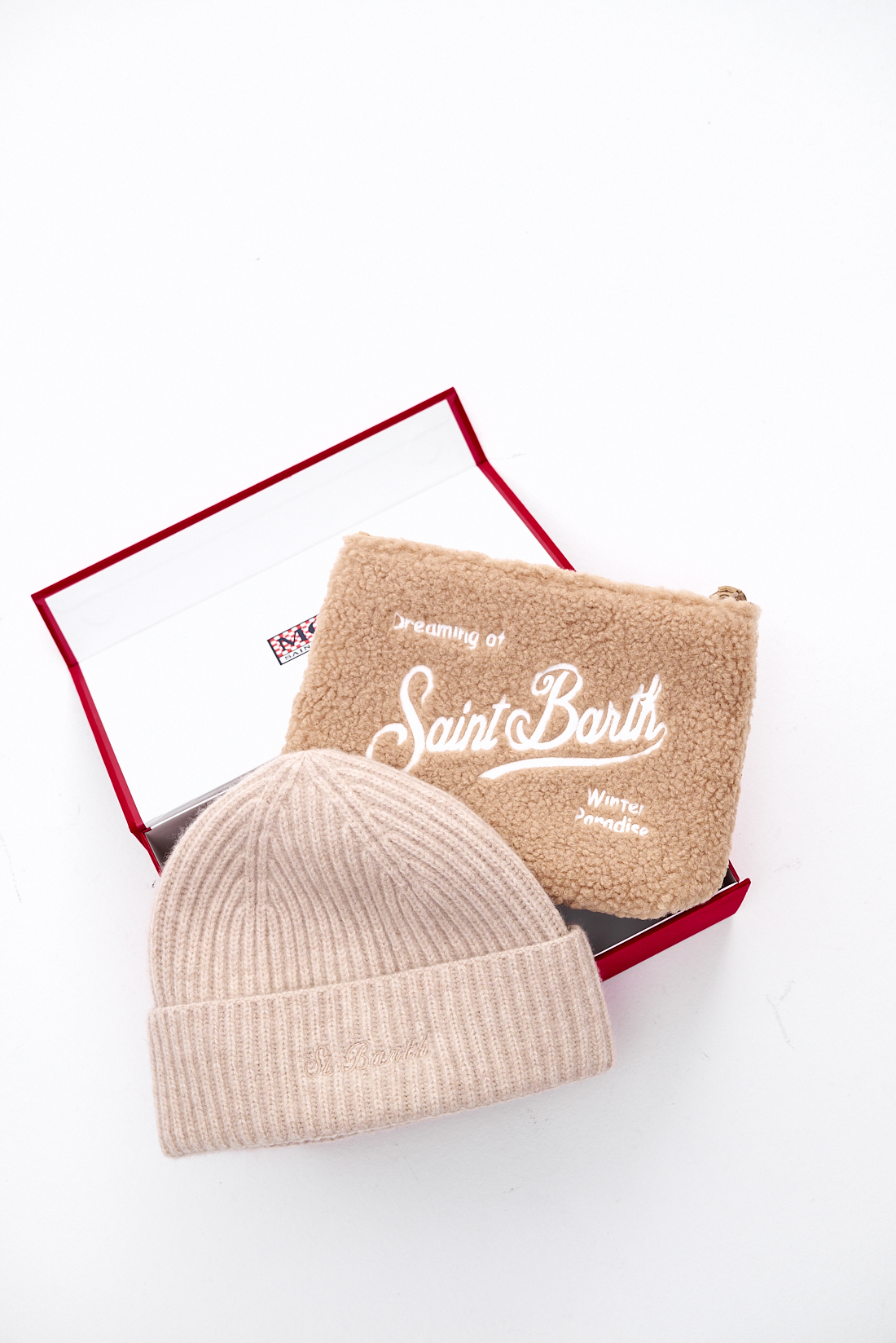 MC2 SAINT BARTH Подарочный набор: шапка-бинни оттенка беж + косметичка из шерсти тедди Aline