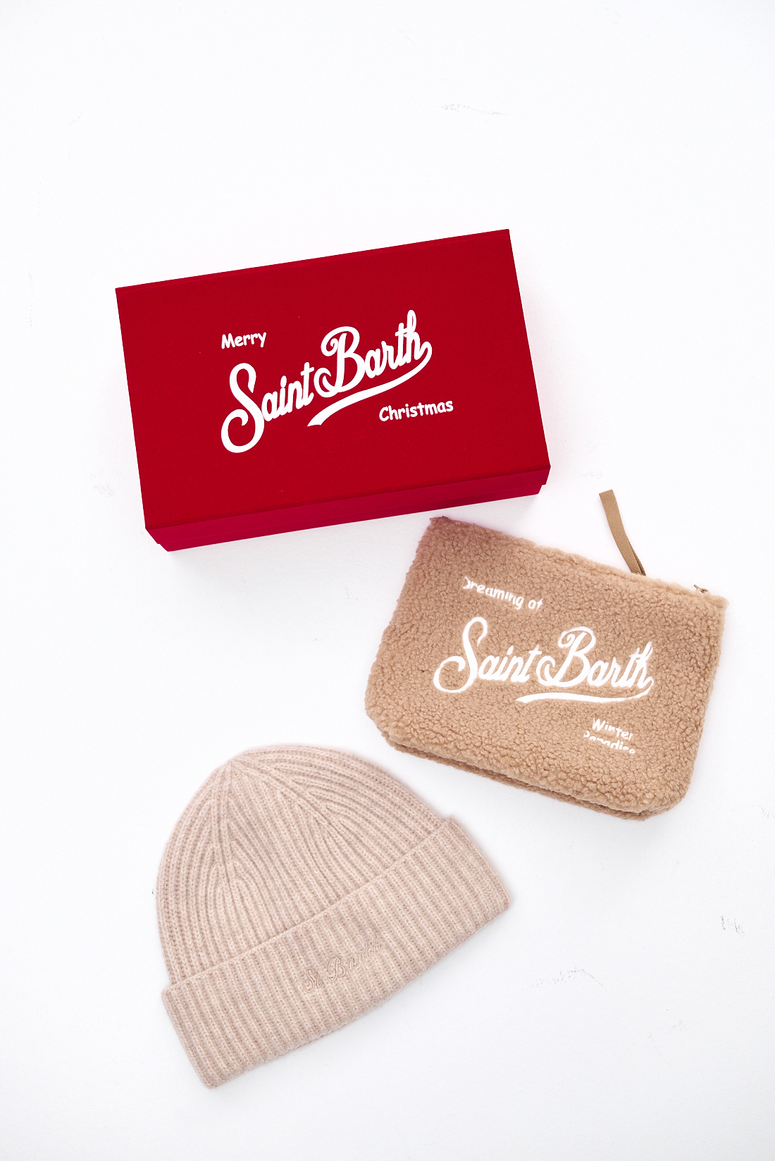 MC2 SAINT BARTH Подарочный набор: шапка-бинни оттенка беж + косметичка из шерсти тедди Aline