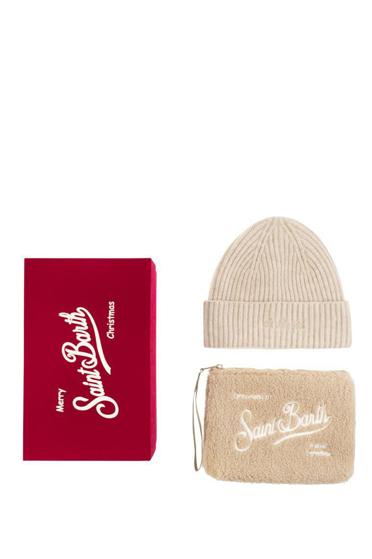 MC2 SAINT BARTH XMAS BOX! Подарочный набор: шапка-бинни оттенка беж + косметичка из шерсти тедди Aline