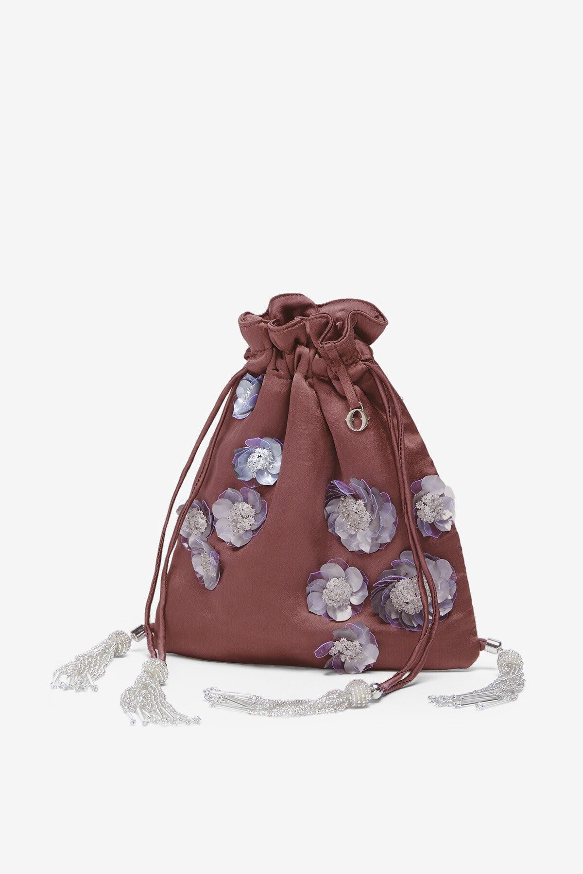 OTTOD'AME Сумочка-кисет из атласа оттенка марсала, расшитая объемными цветами