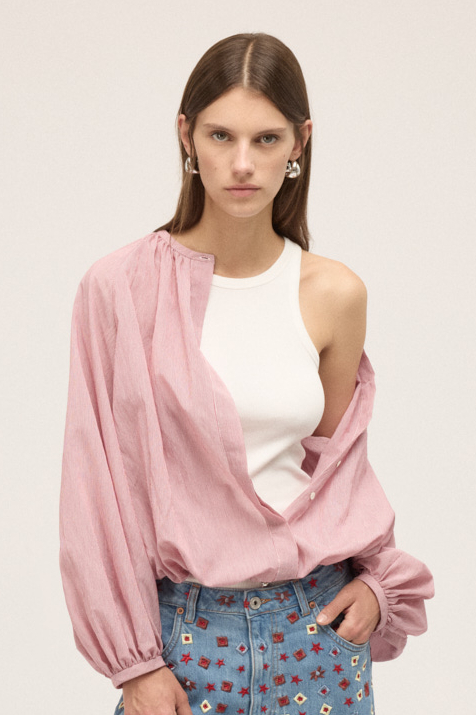 OTTOD'AME Рубашка с рукавами-буфами и кулиской по низу из воздушного хлопка с рисунком в полоску