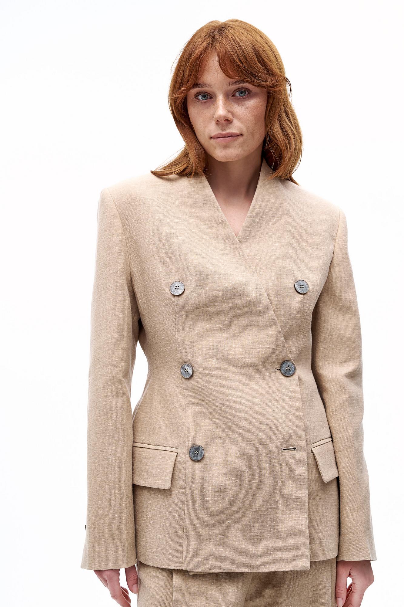 TELA Жакет CLES двубортный приталенного кроя из фактурного льна с хлопком оттенка беж