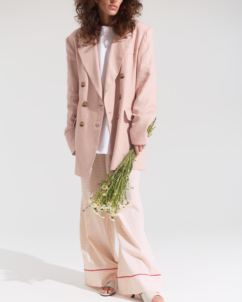 Брюки на резинке из хлопка в мужском стиле принт клетка бежевые