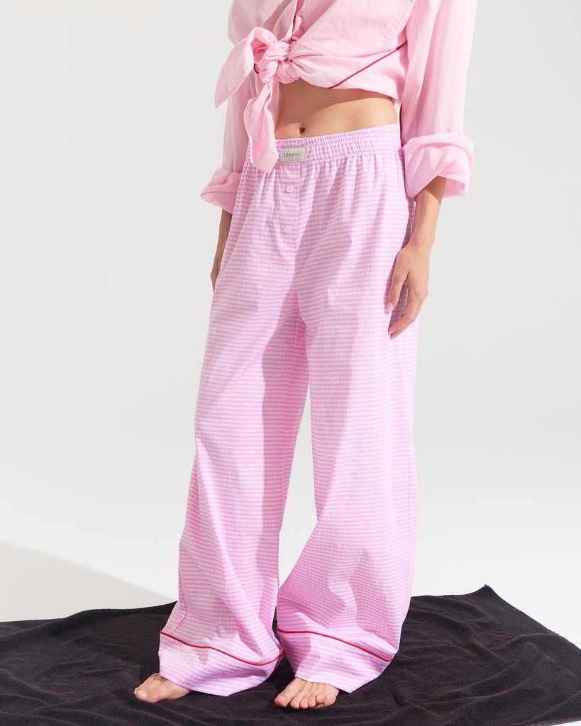 Брюки на резинке из хлопка в мужском стиле принт клетка розовые
